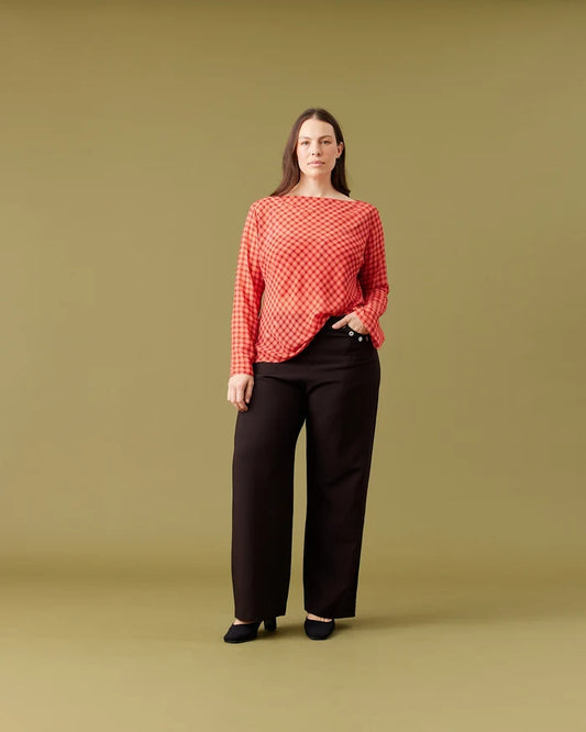 MADRID SHEER LONG SLEEVE RED TARTAN