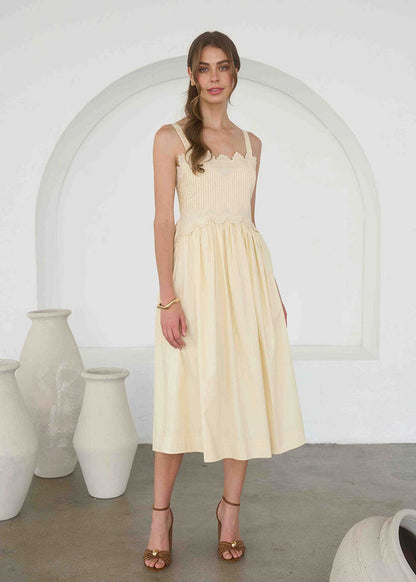 Maggie Embroidered Midi Dress - Butter Yellow