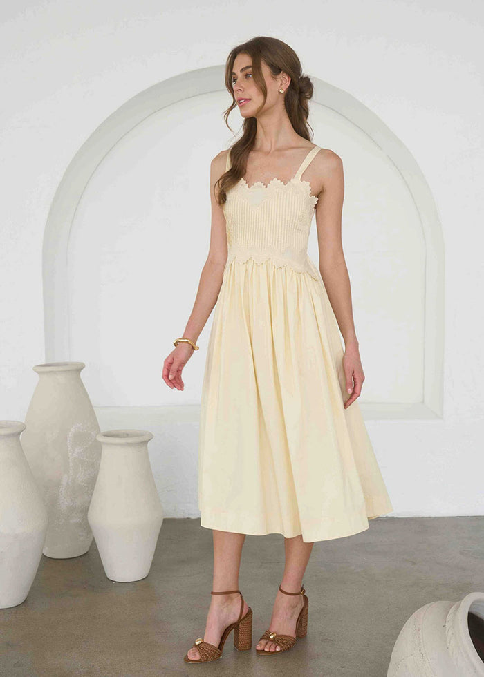 Maggie Embroidered Midi Dress - Butter Yellow