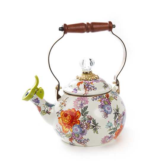 Mackenzie Childs White Flower Market Whistling Tea Kettle