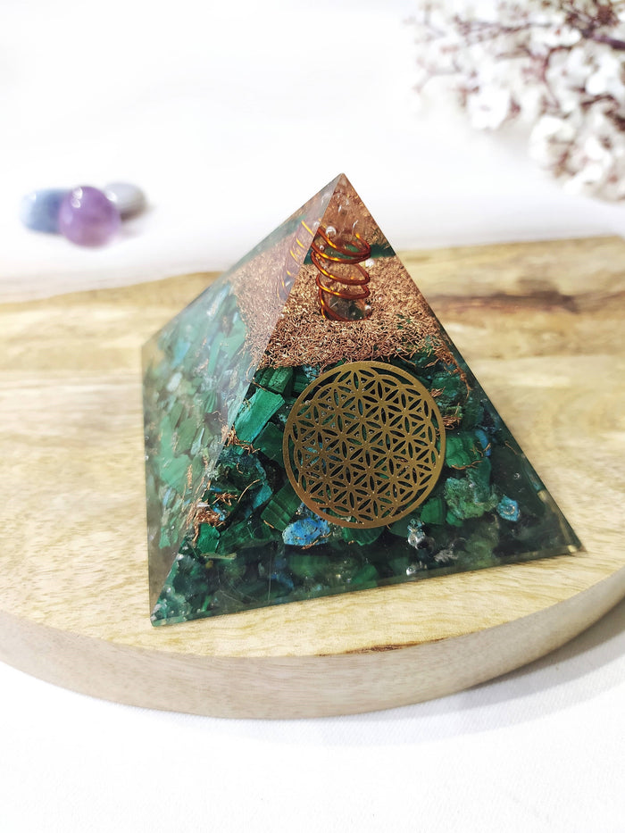 Malachite Orgone Pyramid, Crystal Energy Pyramid