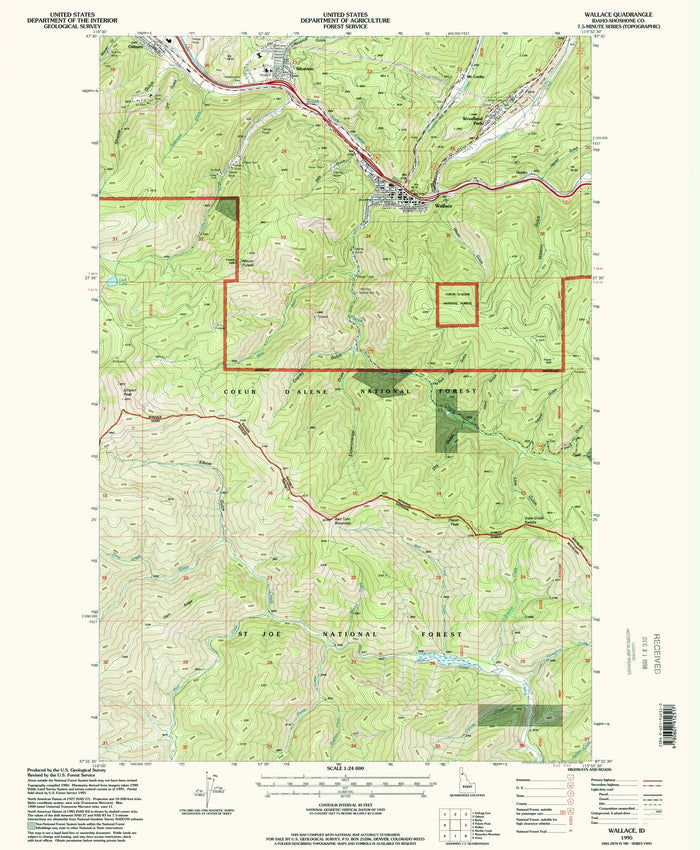 Map of Wallace, Idaho by USGS, 1995 – Coeur d’Alene National Forest & St. Joe National Forest