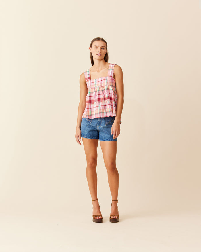 MARGIE TIE-BACK TOP PEACHIE TARTAN