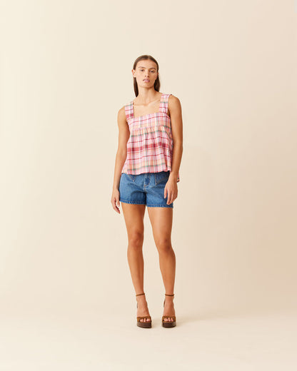 MARGIE TIE-BACK TOP PEACHIE TARTAN
