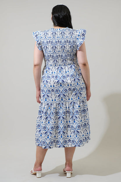 Marisol Floral Giza Glare Smock Tiered Midi Dress Curve