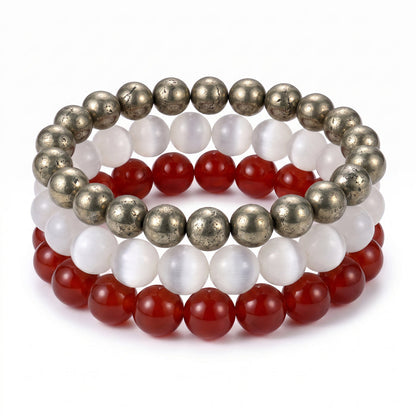 Maroon White & Gray, Team Spirit Bracelet Stack, Gemstone Bracelet Set - 4mm