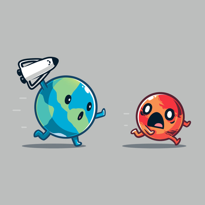Premium Cotton T-shirt_TeeTurtle Mars Invasion silver gray t-shirt featuring an animated planet Earth holding a toy spaceship chasing an animated planet Mars planet who screams in space.
