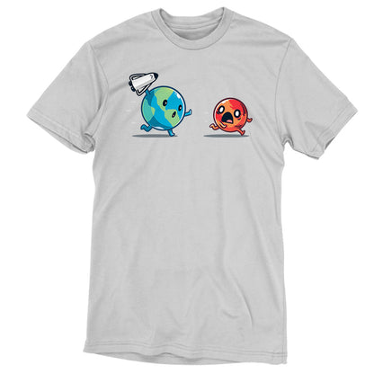 Premium Cotton T-shirt_TeeTurtle Mars Invasion silver gray t-shirt featuring an animated planet Earth holding a toy spaceship chasing an animated planet Mars planet who screams in space.