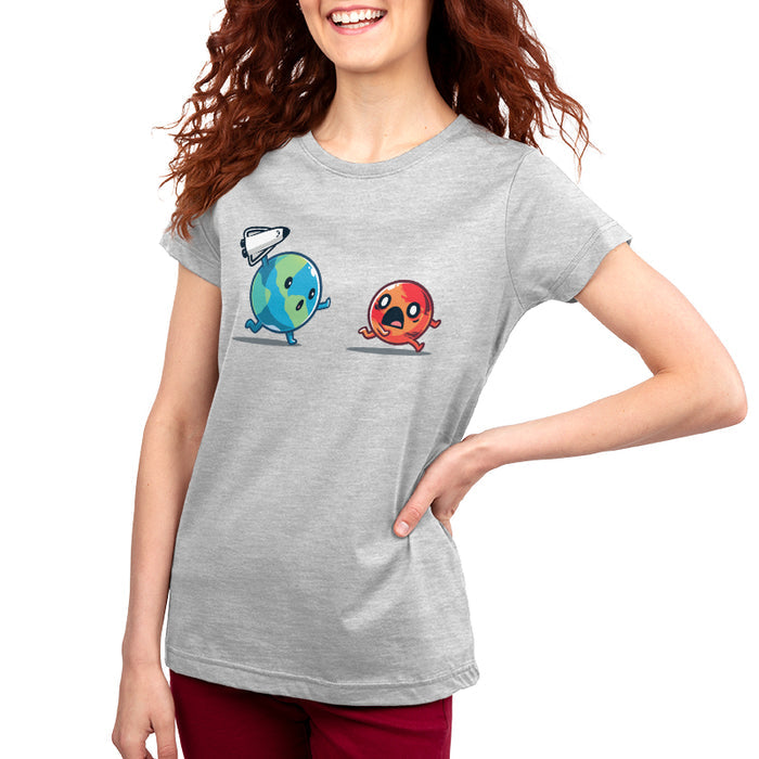 Premium Cotton T-shirt_TeeTurtle Mars Invasion silver gray t-shirt featuring an animated planet Earth holding a toy spaceship chasing an animated planet Mars planet who screams in space.