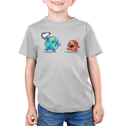 Premium Cotton T-shirt_TeeTurtle Mars Invasion silver gray t-shirt featuring an animated planet Earth holding a toy spaceship chasing an animated planet Mars planet who screams in space.