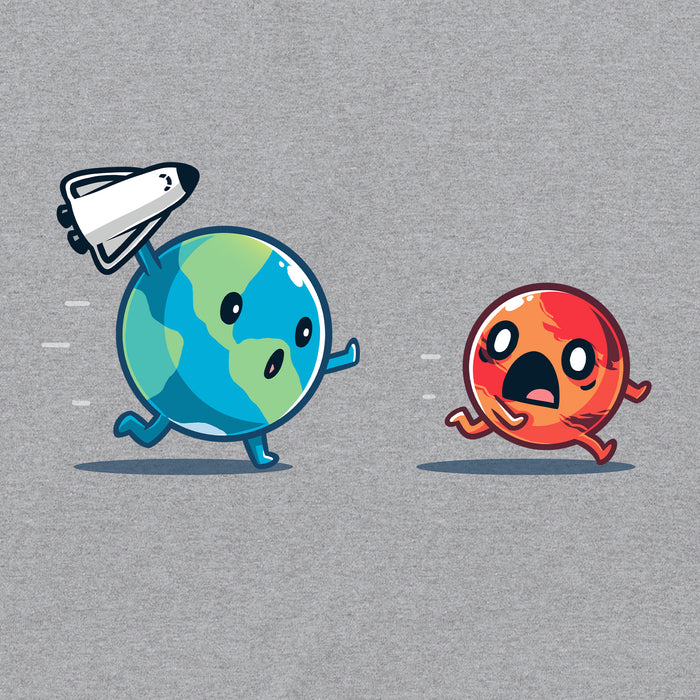 Classic Cotton T-shirt_TeeTurtle Mars Invasion heather gray t-shirt featuring an animated planet Earth holding a toy spaceship chasing an animated planet Mars planet who screams in space.