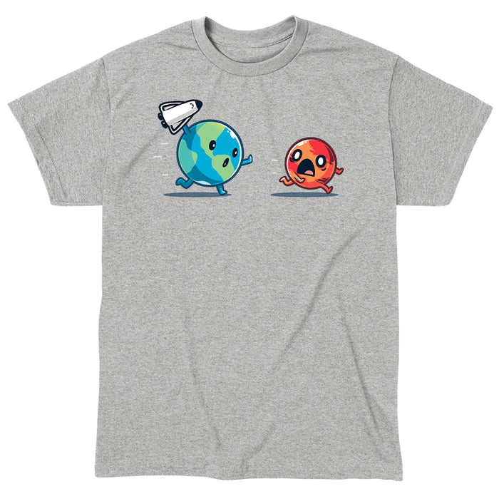 Classic Cotton T-shirt_TeeTurtle Mars Invasion heather gray t-shirt featuring an animated planet Earth holding a toy spaceship chasing an animated planet Mars planet who screams in space.