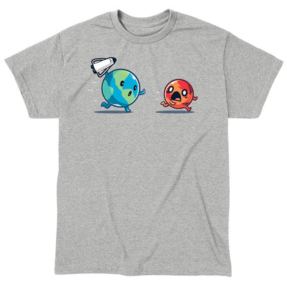 Classic Cotton T-shirt_TeeTurtle Mars Invasion heather gray t-shirt featuring an animated planet Earth holding a toy spaceship chasing an animated planet Mars planet who screams in space.