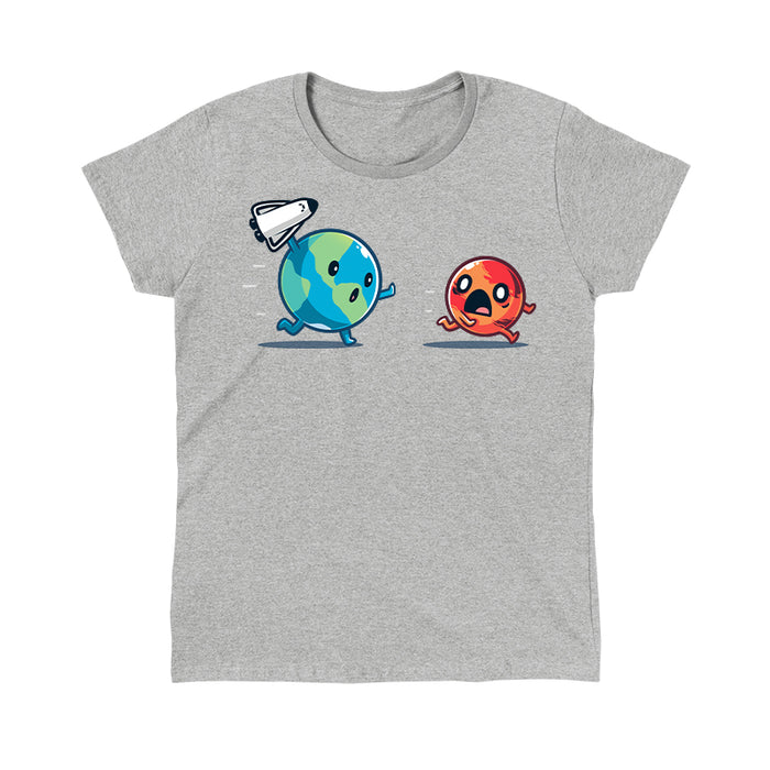 Classic Cotton T-shirt_TeeTurtle Mars Invasion heather gray t-shirt featuring an animated planet Earth holding a toy spaceship chasing an animated planet Mars planet who screams in space.