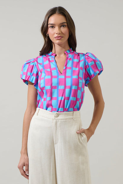 Marvy Checker Kenie Puff Sleeve Top
