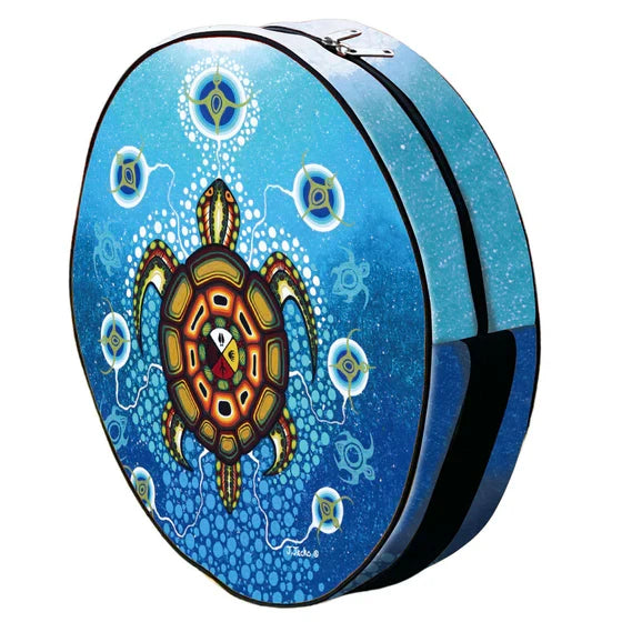 Round blue bag with a turtle design on a white background