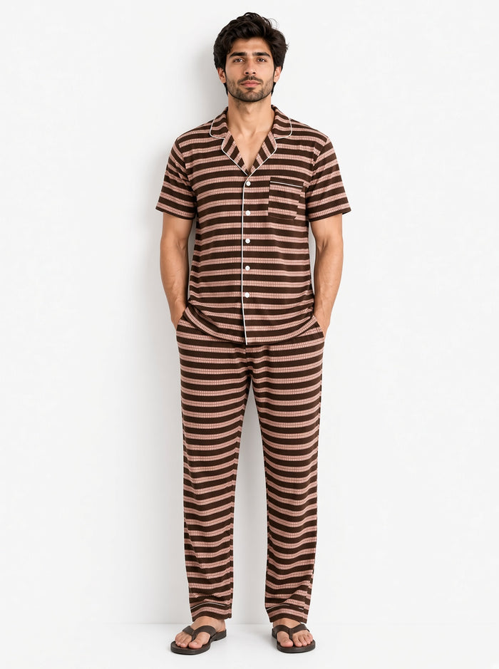 Men's Brown Striped Button-Down Jersey Cotton Night Suit