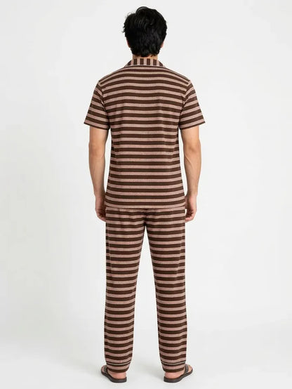 Men's Brown Striped Button-Down Jersey Cotton Night Suit