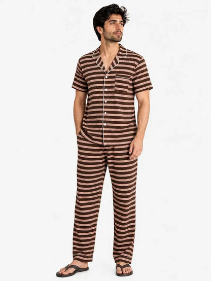 Men's Brown Striped Button-Down Jersey Cotton Night Suit