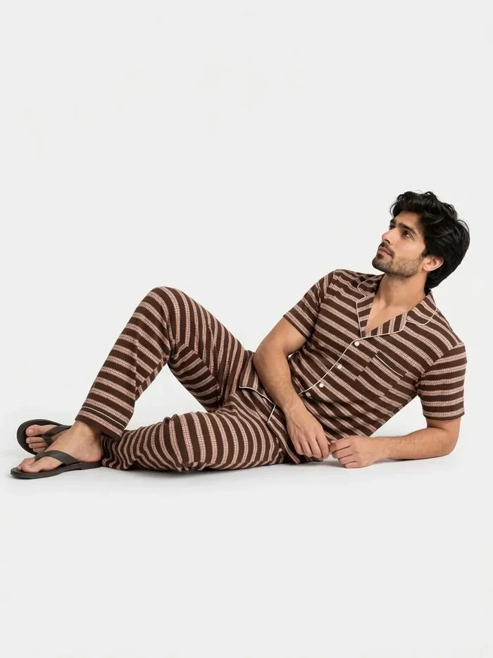 Men's Brown Striped Button-Down Jersey Cotton Night Suit