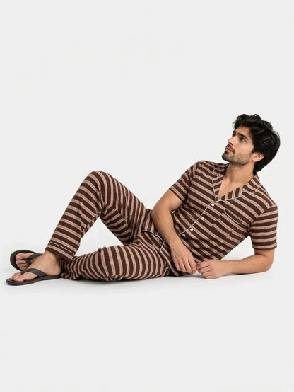 Men's Brown Striped Button-Down Jersey Cotton Night Suit