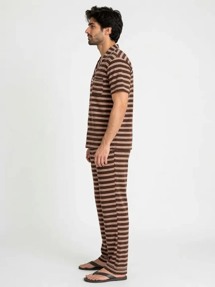 Men's Brown Striped Button-Down Jersey Cotton Night Suit