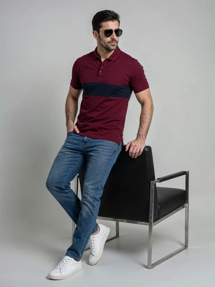 Men's Burgundy & Navy Color Block Polo Shirt
