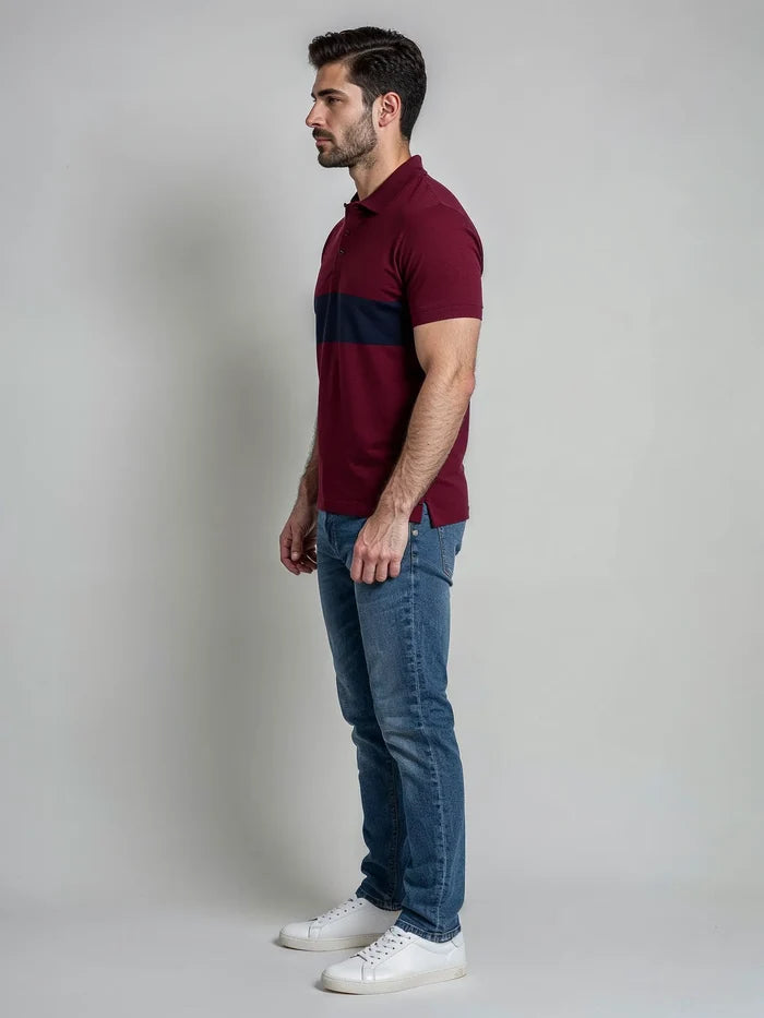Men's Burgundy & Navy Color Block Polo Shirt