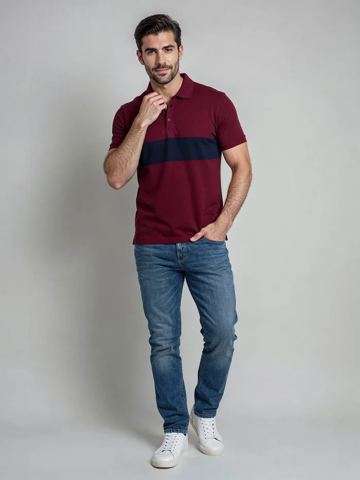 Men's Burgundy & Navy Color Block Polo Shirt