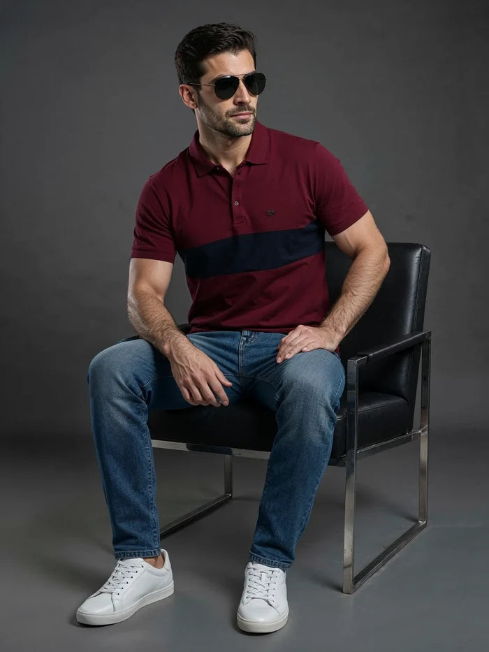 Men's Burgundy & Navy Color Block Polo Shirt