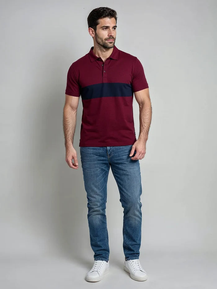 Men's Burgundy & Navy Color Block Polo Shirt