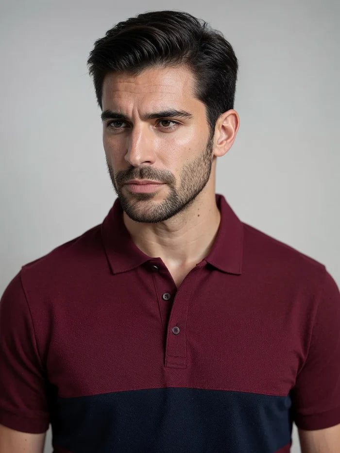 Men's Burgundy & Navy Color Block Polo Shirt