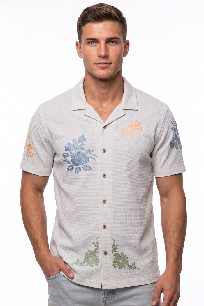 Men's Floral Embroidered Revere Collar Shirt