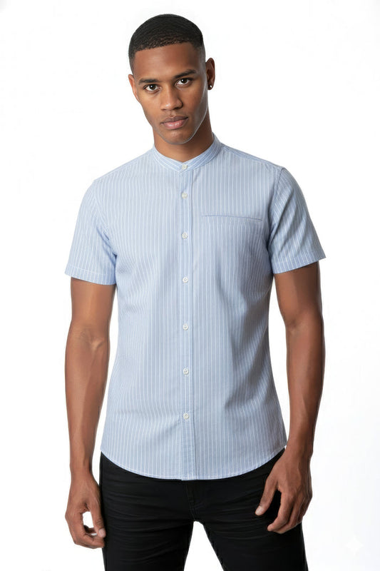 Men's Grandad Collar Yarn Dyed Stripe Short Sleeve Shirt