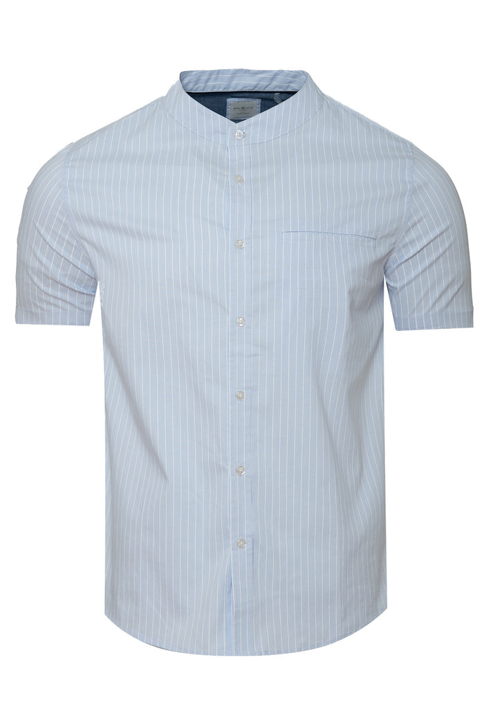 Men's Grandad Collar Yarn Dyed Stripe Short Sleeve Shirt