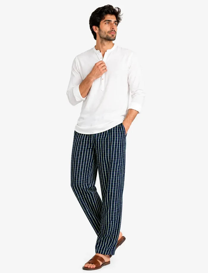 Men's Premium Woven Cotton Check Trouser Navy Lining Regular Fit