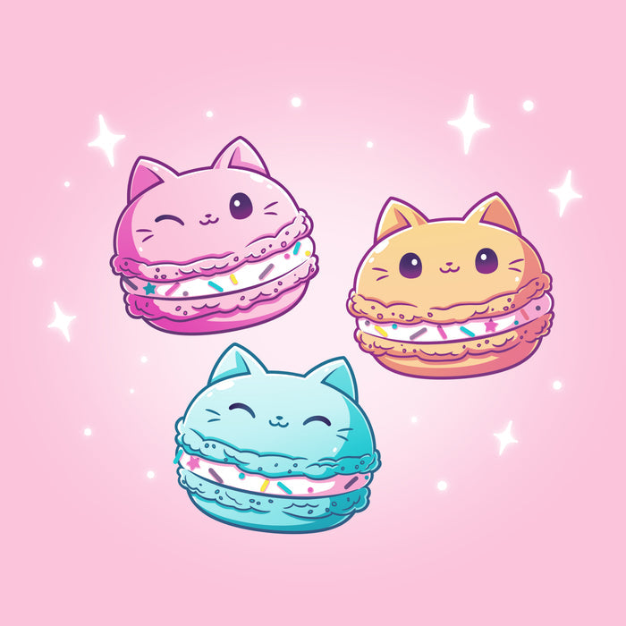 Premium Cotton T-shirt_TeeTurtle light pink Meowcarons apparel featuring three sparkling macaroons shaped like cats.