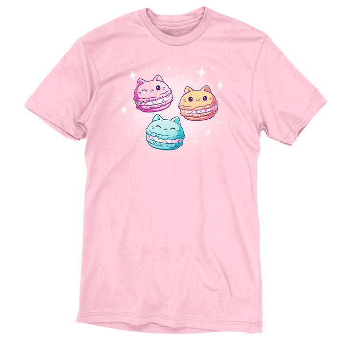 Premium Cotton T-shirt_TeeTurtle light pink Meowcarons apparel featuring three sparkling macaroons shaped like cats.