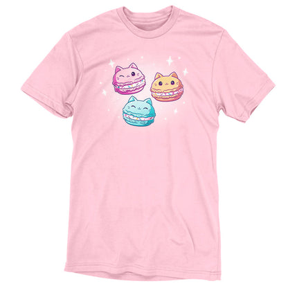Premium Cotton T-shirt_TeeTurtle light pink Meowcarons apparel featuring three sparkling macaroons shaped like cats.
