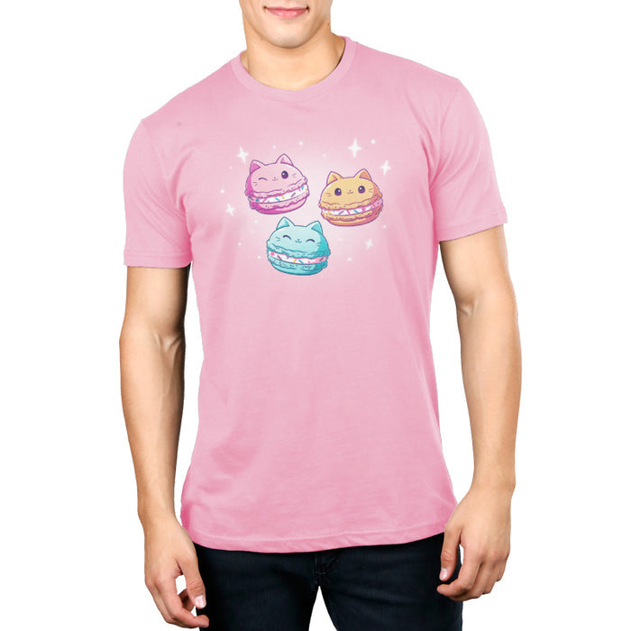 Premium Cotton T-shirt_TeeTurtle light pink Meowcarons apparel featuring three sparkling macaroons shaped like cats.