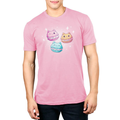 Premium Cotton T-shirt_TeeTurtle light pink Meowcarons apparel featuring three sparkling macaroons shaped like cats.