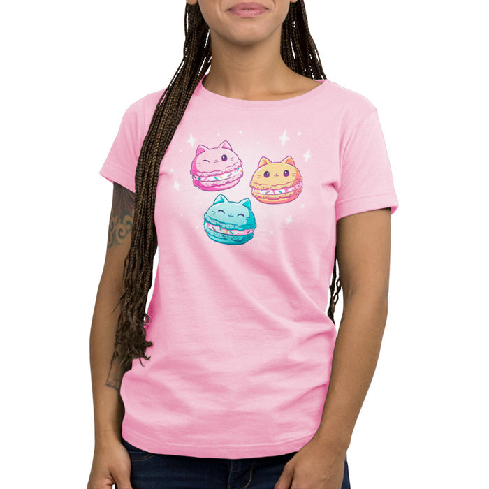 Premium Cotton T-shirt_TeeTurtle light pink Meowcarons apparel featuring three sparkling macaroons shaped like cats.