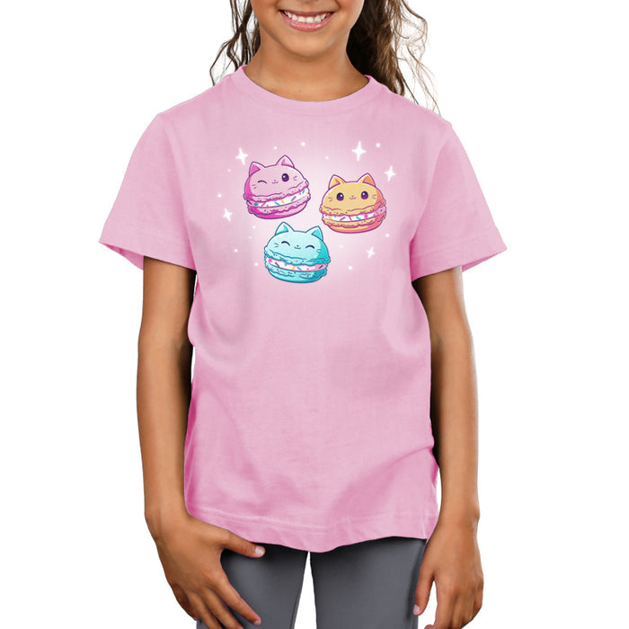 Premium Cotton T-shirt_TeeTurtle light pink Meowcarons apparel featuring three sparkling macaroons shaped like cats.