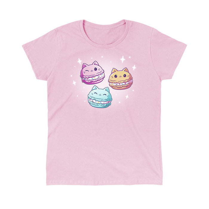 Classic Cotton T-shirt_TeeTurtle light pink Meowcarons apparel featuring three sparkling macaroons shaped like cats.