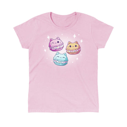 Classic Cotton T-shirt_TeeTurtle light pink Meowcarons apparel featuring three sparkling macaroons shaped like cats.