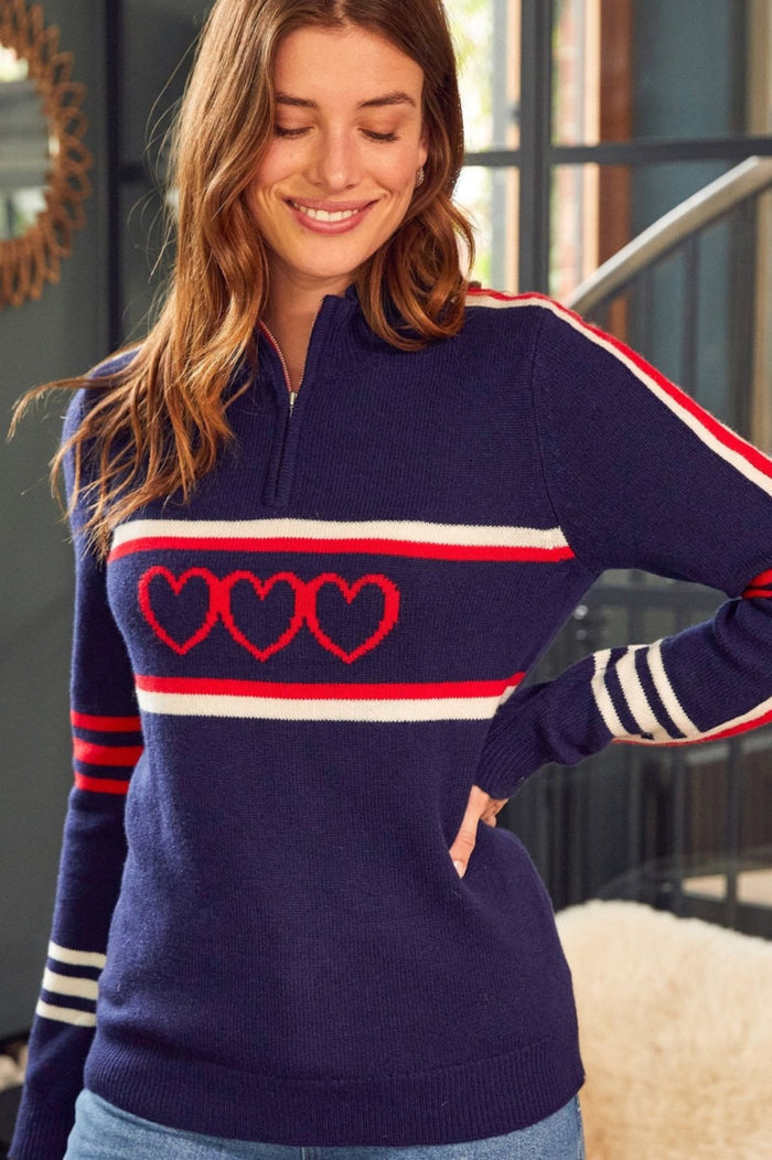 Merino Wool Stripe Hearts Quarter Zip | Navy/Cream/Red - Aspiga