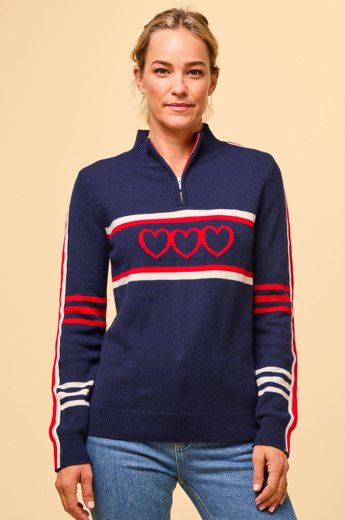 Merino Wool Stripe Hearts Quarter Zip | Navy/Cream/Red - Aspiga
