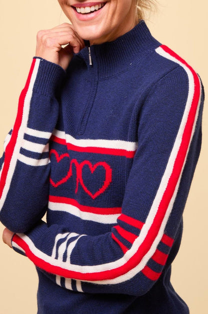 Merino Wool Stripe Hearts Quarter Zip | Navy/Cream/Red - Aspiga