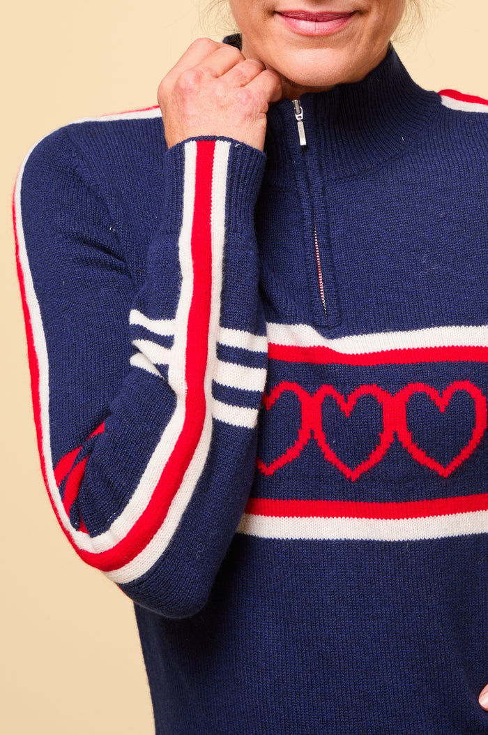Merino Wool Stripe Hearts Quarter Zip | Navy/Cream/Red - Aspiga