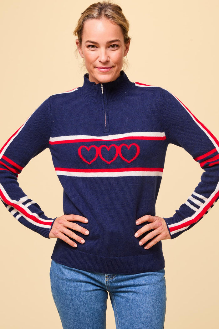 Merino Wool Stripe Hearts Quarter Zip | Navy/Cream/Red - Aspiga